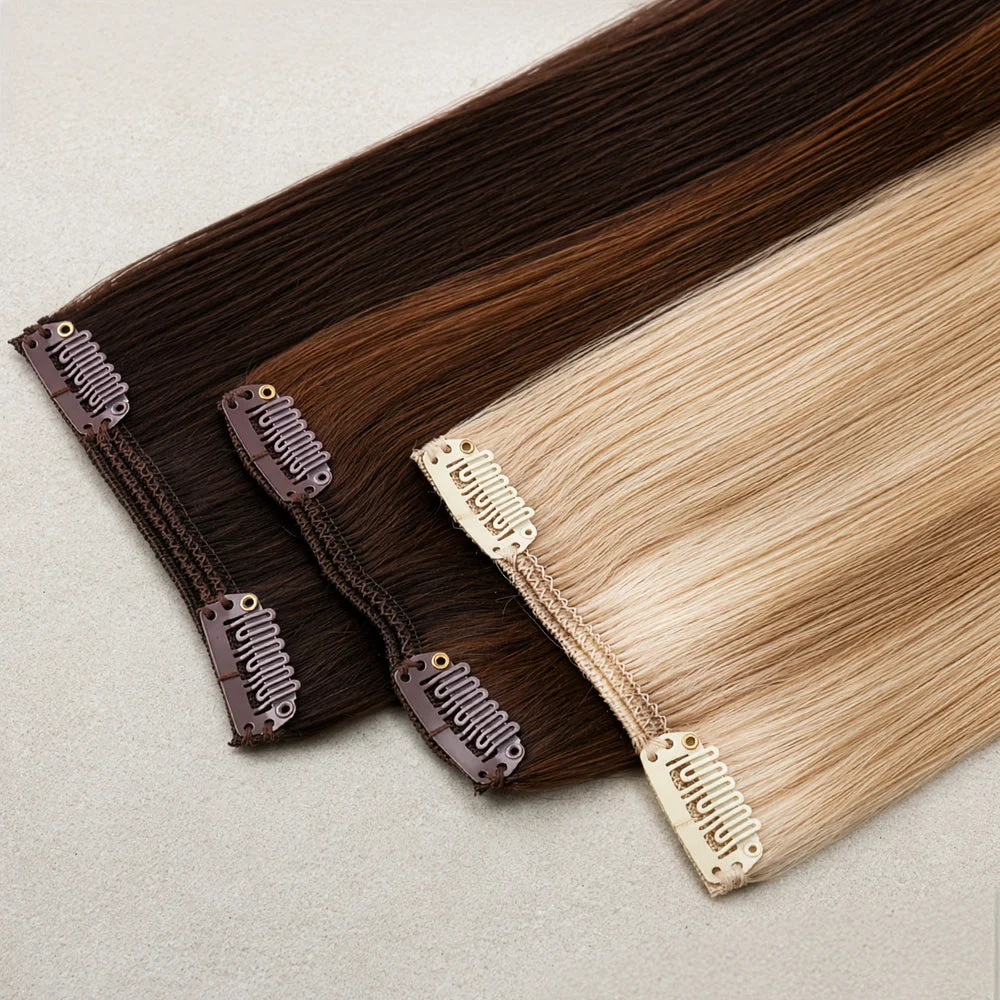 Brown and blonde GOO GOO Classic Clip-In hair pieces showing their small clips