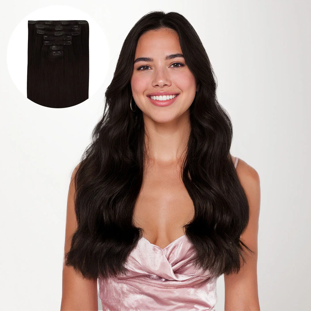 Model with long dark-brown waves in official GOO GOO Classic Clip-In product photography