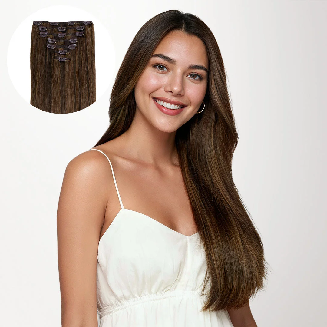 Model with straight brown highlighted hair in official GOO GOO Classic Clip-In product photography