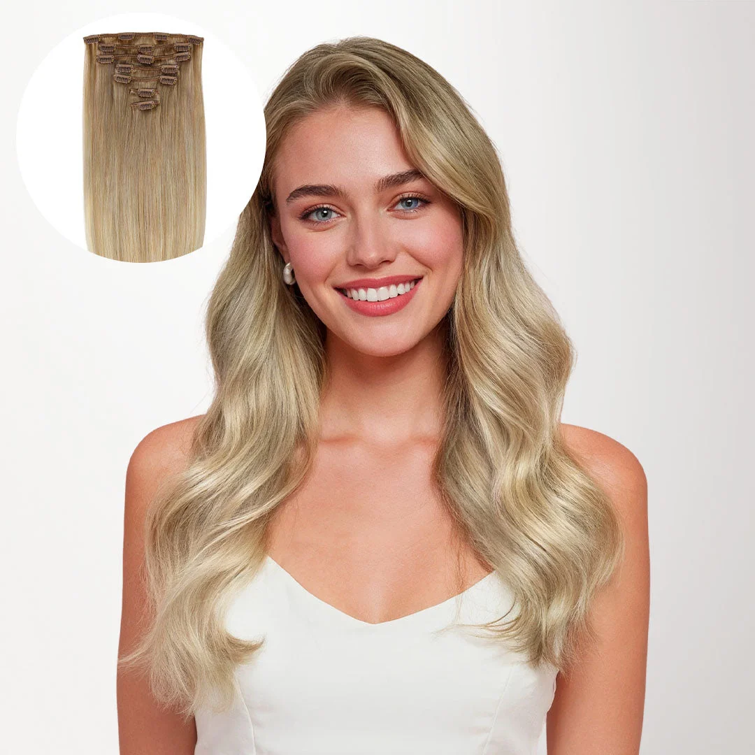 Model with long blonde balayage hair in official GOO GOO Classic Clip-In product photography
