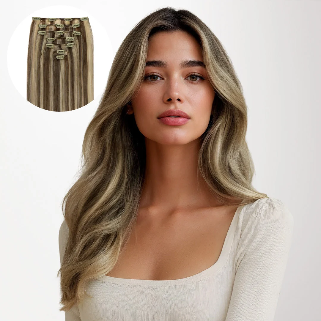 Model with blonde highlighted waves wearing a light top in official GOO GOO product photography