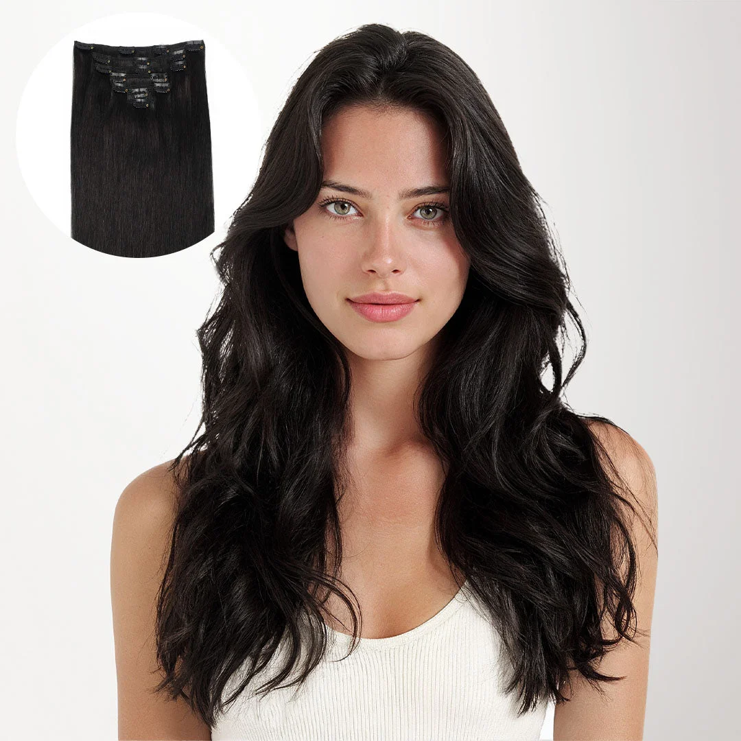 Model with long black curls in official GOO GOO Classic Clip-In product photography