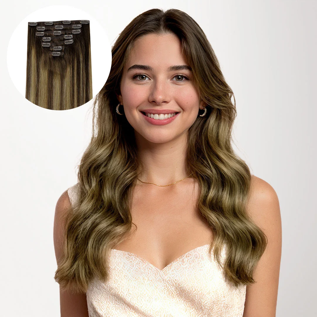 Model with caramel-blonde balayage waves in official GOO GOO product photography