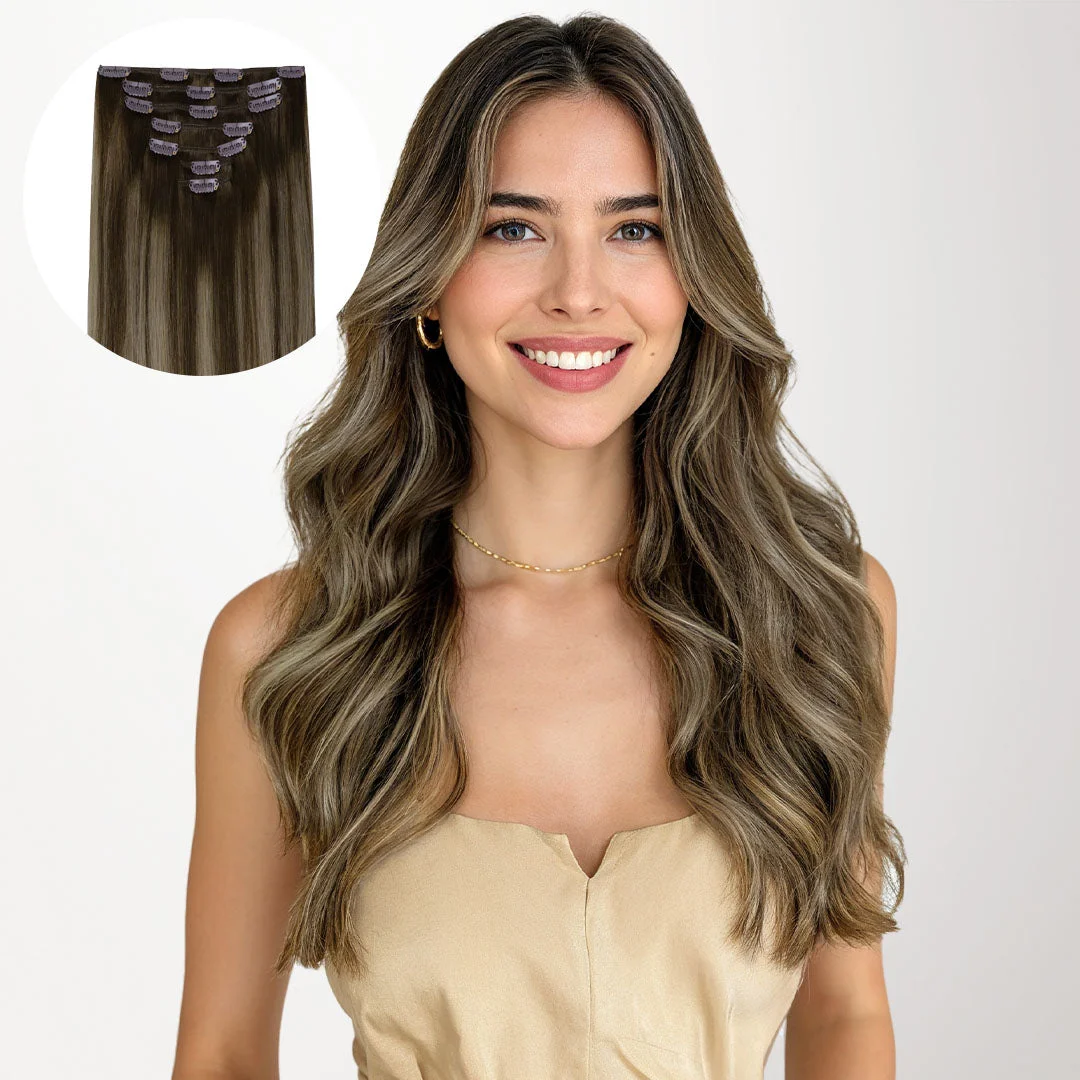 Model with honey-blonde balayage waves in official GOO GOO Classic Clip-In product photography