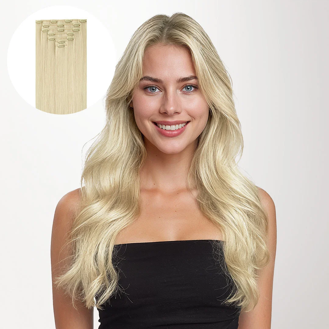 Model with platinum-blonde waves wearing a black top in official GOO GOO product photography