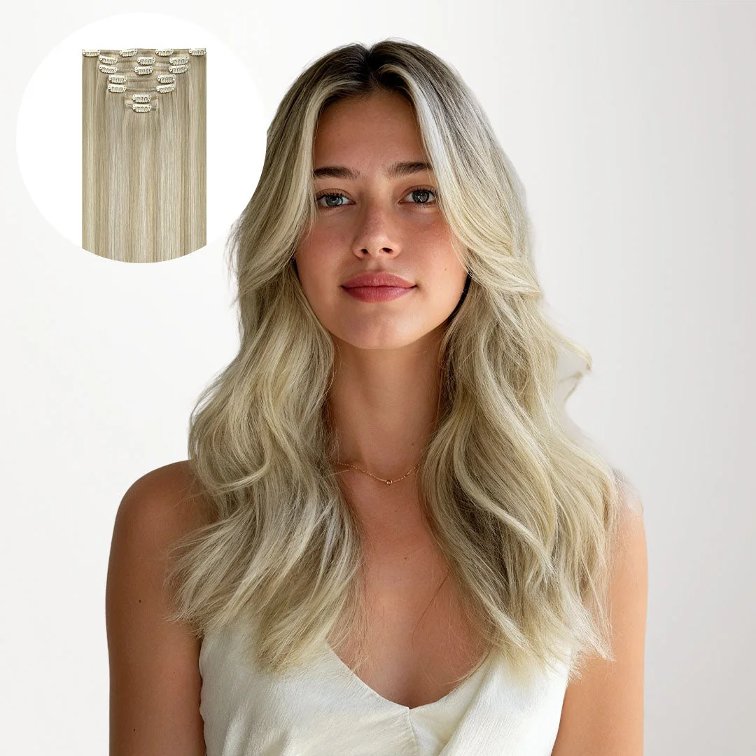 Model with ash-blonde highlights in official GOO GOO product photography