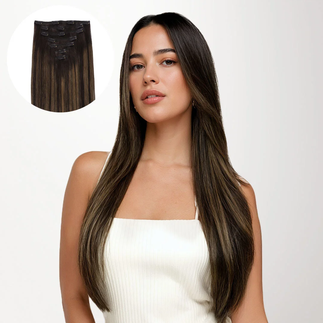 Model with straight dark-brown balayage hair in official GOO GOO product photography