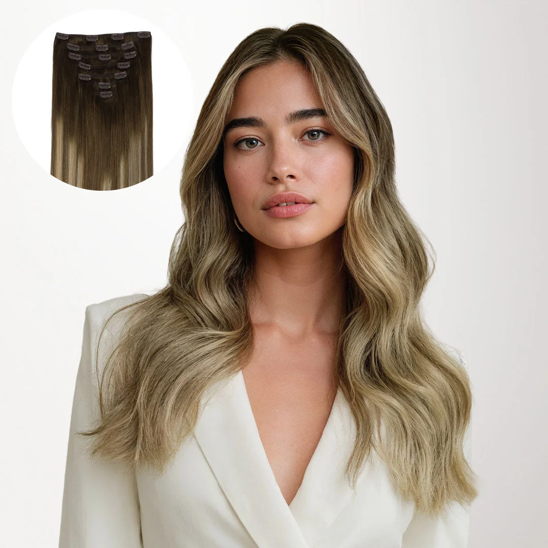 Model with light-brown waves wearing a light jacket in official GOO GOO product photography