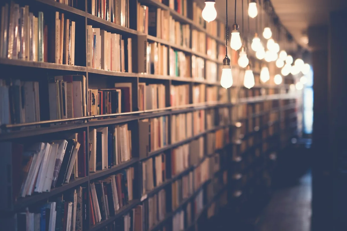 Tall library shelves with books and hanging warm lights