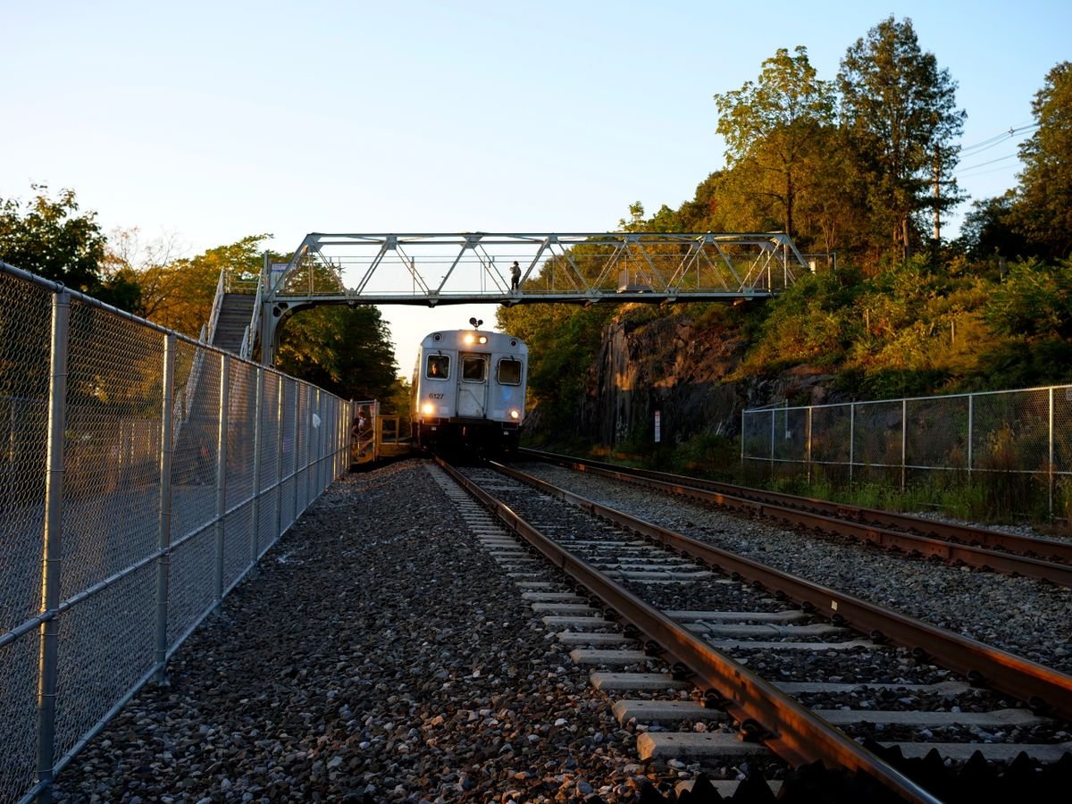 Train travelling on railway tracks beneath a pedestrian bridge